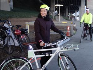 Councilmember Lorena Gonzales with e-bike at our Bike Everywhere Day Celebration Station.
