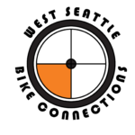 logo of West Seattle Bike Connections. Black bike wheel with four spokes. Southwest quadrant filled with orange symbolizing southwest Seattle focus.