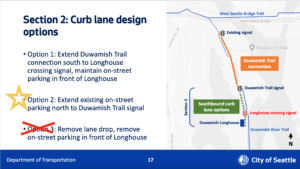 Map of SDOT option for West Marginal Way SW curb lane revisions from Duwamish Trail crossing to SW Alaska Street. 