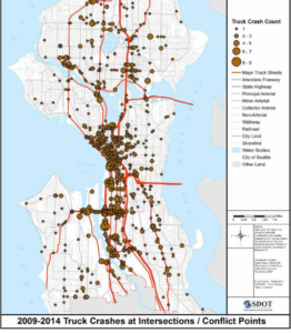 Map showing truck crashes at intersections in Seattle from 2009 through 2014, with heavy concentration in Georgetown, SODO and downtown.