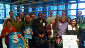 Group photo of people waiting to testify to City Council for safety improvements on West Marginal Way SW at Duwamish Longhouse & Cultural Ceneter