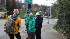 WSBC folks meeting with SDOT traffic engineer and Tony Fragada from Alki Community Council at Harbor Ave/ SW Spokane intersection. 